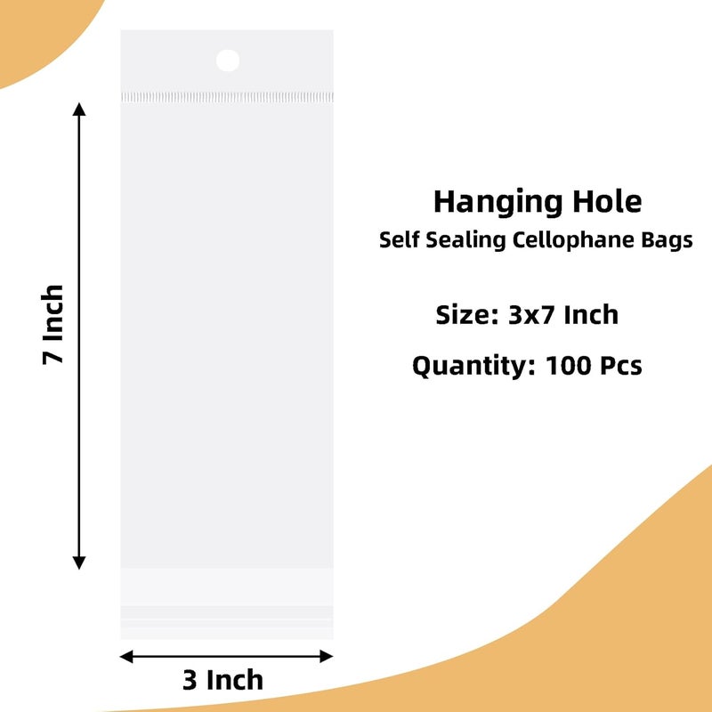 Morepack 3x7 Inches Hanging Hole Self Sealing Cellophane Bags Self Adhesive, 100 Pieces Clear Resealable Cellophane Bags with hanging header for Jewelry Earring Necklace - Image 2
